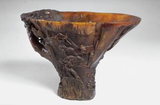 Cup with scene of traveler in deep mountains