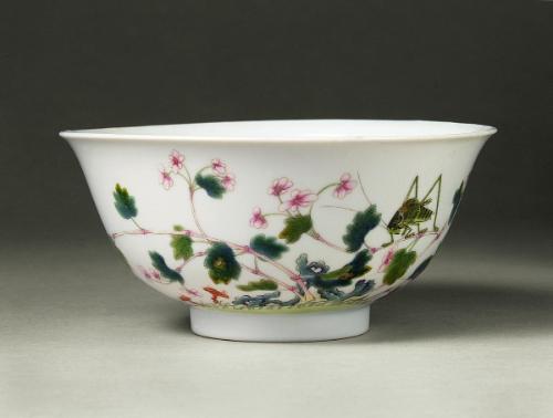 Bowl with katydid and begonias, one of a pair