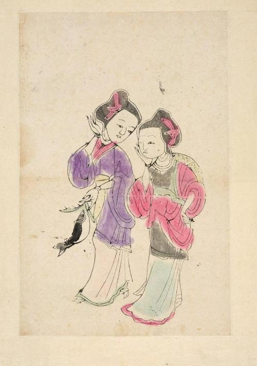 Folk print, pair of woman, one holding a fish