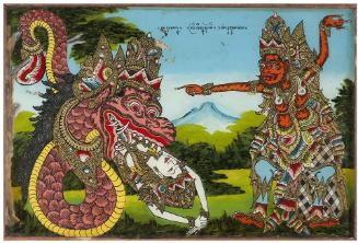 The deity Kala, in the form of a mythic serpent, tries to eat Prince Sutasoma, as Purusada, a cannabilistic king, watches