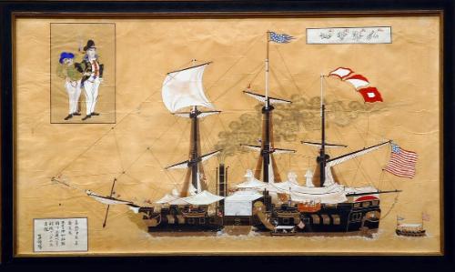 America: Depiction of an American Ship and Portraits of the First Ambassador Perry and the Deputy Ambassador Adams