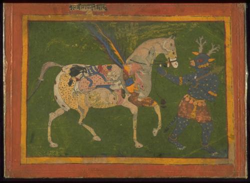 A demon leading a composite horse