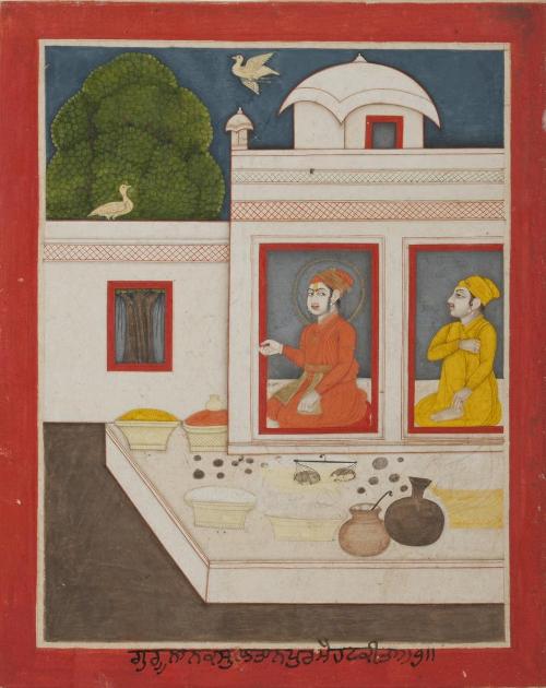 Guru Nanak in the provision house, from a manuscript of the Janam Sakhi (Life Stories)