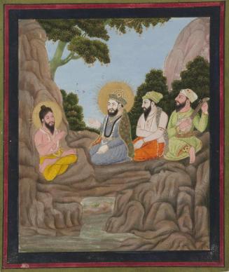 Guru Nanak’s meeting with Dhru Bhagat on Mount Kailasha, page from a manuscript of the Janam Sakhi (Life Stories)