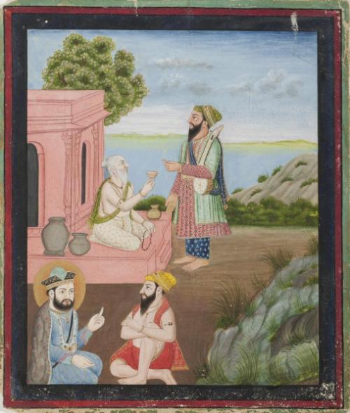 Guru Nanak's meeting with Sajan the Thug, from a manuscript of the Janam Sakhi (Life Stories)