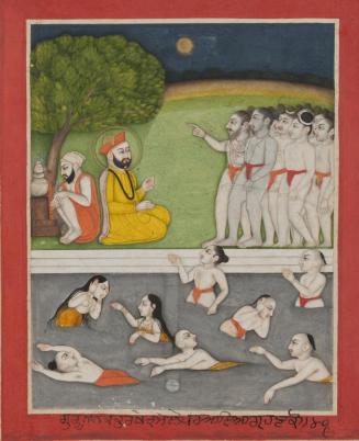 Guru Nanak encounters a group of ascetics at Kurukshetra, page from a manuscript of the Janam Sakhi (Life Stories)