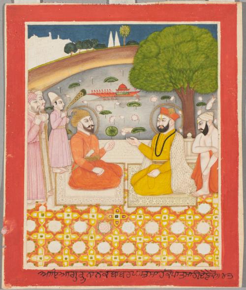 Guru Nanak talks with the Mughal emperor Babur, from a manuscript of the Janam Sakhi (Life Stories)