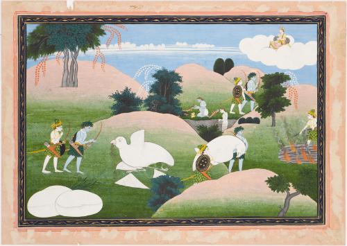 The heroes Rama and Lakshmana witness the death of the great vulture Jatayus and prepare his cremation, from the Ramayana (Epic of Rama)