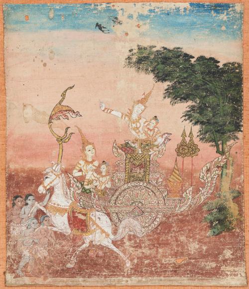 Vessantara gives away the horses, a scene from the next-to-last life of the Buddha (Vessantara Jataka)