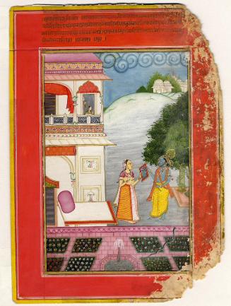 The Hindu god Krishna gazes into a mirror held by his consort, from a Rasikapriya (Connoisseur's Delights) series