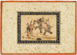 Double-sided page with illustrations of an elephant and lion in battle (a) and warriors upon an elephant overthrowing a mounted horseman (b)