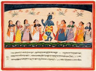 The Hindu god Krishna with young cowherder women, from a manuscript of the Bhagavata Purana (Ancient Tales of the Lord Vishnu)
