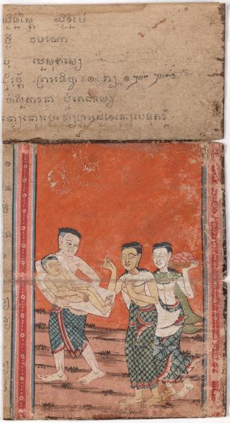 (.a) A man and woman bring offerings; (.b)A man carries a youngster, perhaps to present him to a monastery to eventually become a novice; a woman, perhaps the little boy's mother, grieves, from a manuscript of scenes from the story of the holy monk Phra Malai