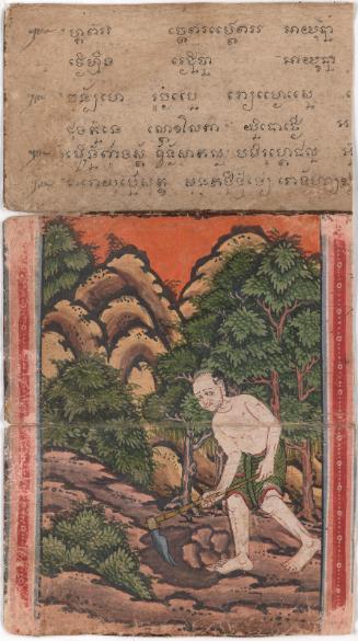 (.a)  A poor man hoes the ground; (.b) the monk Phra Malai carrying a fan and, under his outer robes, an alms bowl, from a manuscript of scenes from the story of the holy monk Phra Malai