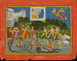 The encounter between the Hindu god Krishna and the serpent Kaliya, from a manuscript of the Bhagavata Purana (Ancient Tales of the Lord Vishnu)