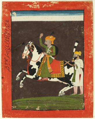 A prince raises a spear while riding a horse