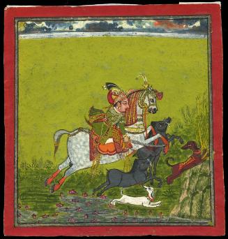 A prince on horseback hunts boar