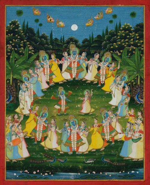 The Hindu deity Krishna dances with the cowherder women