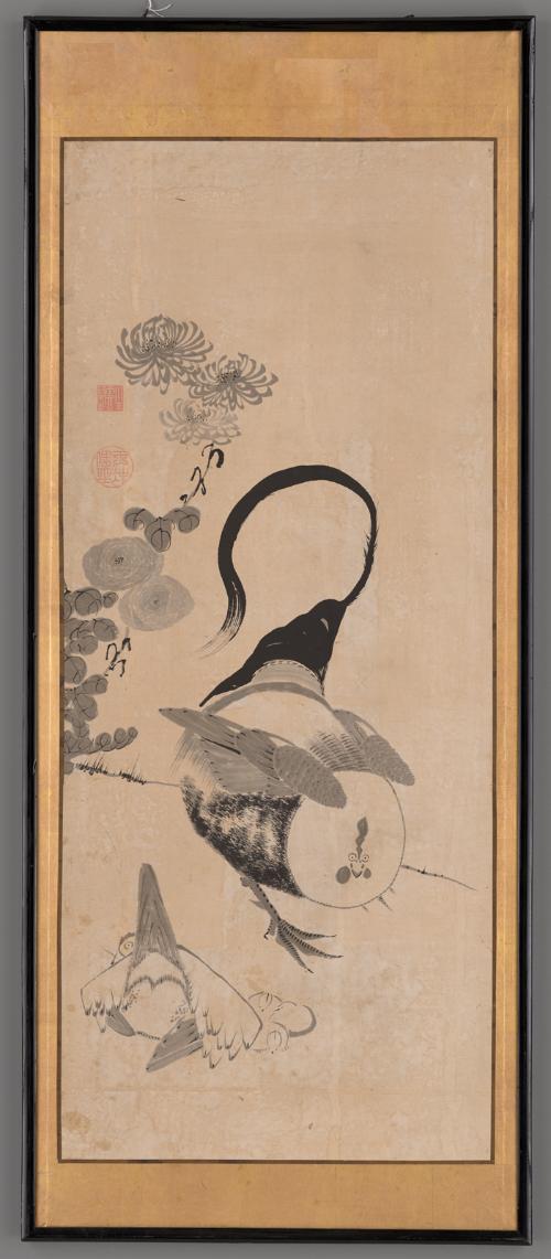 Hen and rooster with chrysanthemums, one of a set of six paintings