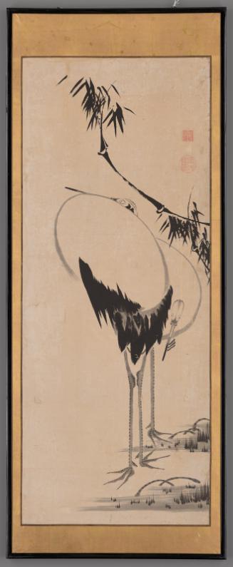 Two cranes beside a bamboo stalk, one of a set of six paintings