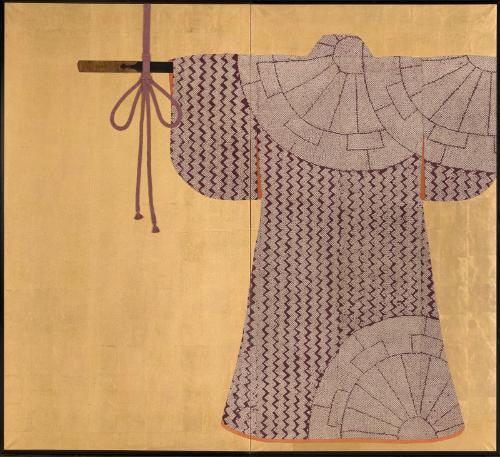 Screen with Edo-period kosode fragments featuring wheel decoration