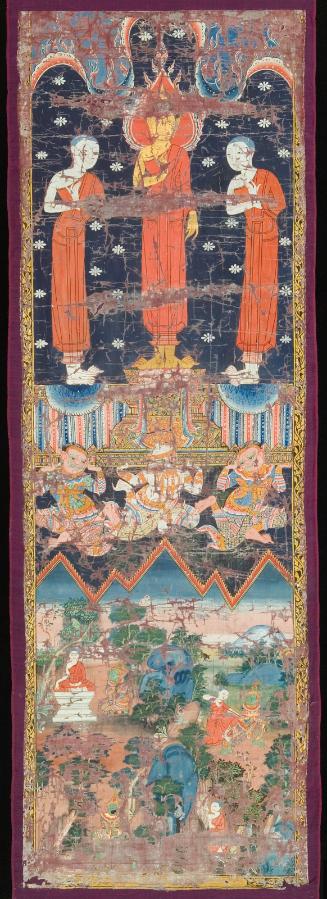 Standing Buddha flanked by two disciples;  below: the encounter of Upagupta and Mara