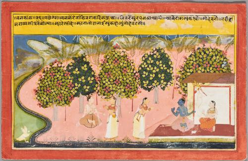 The demoness Shurpanakha, in the form of a beautiful woman, addresses Rama and Lakshmana; a scene from a Rama epic