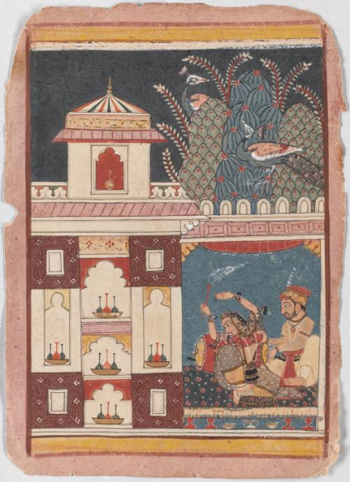 Couple in a pavilion, personifying a musical mode (Bairadi or Varari Ragini)