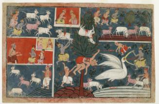 The Hindu deity Krishna kills Baka the crane demon and Vatsa the calf demon, from a manuscript of the Bhagavata Purana (Ancient Tales of the Lord Vishnu)
