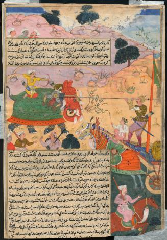 Karna, one of the Kauravas, slays the Pandavas' nephew Ghatotkacha with a weapon given to him by Indra, the king of the gods, from a manuscript of the Razmnama