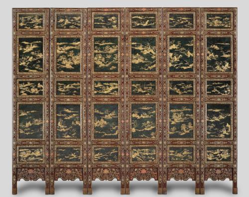 Six panel folding screen with scenes of birds, flowers, and landscapes