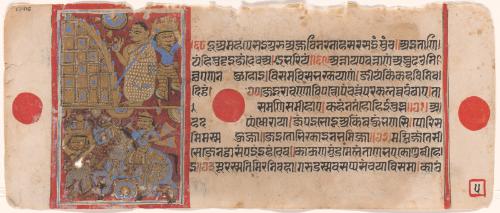 Kalaka converts the bricks to gold, and the gold is carried to buy provisions, a page from a manuscript of the  Kalakacharya-katha