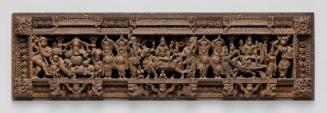 Overdoor panel with the Hindu deities Shiva and Parvati flanked by Ganesha, Skanda, and other figures