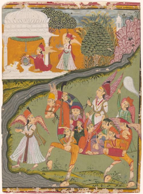 A winged spirit on a composite horse, with attendants, visits a Hindu shrine