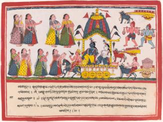 The Hindu god Krishna and his brother Balarama in a chariot, from a manuscript of the Bhagavata Purana (Ancient Tales of the Lord Vishnu)