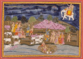 The Hindu deity Krishna lifting Mount Govardhana, from a manuscript of the Bhagavata Purana (Ancient Tales of the Lord Vishnu)