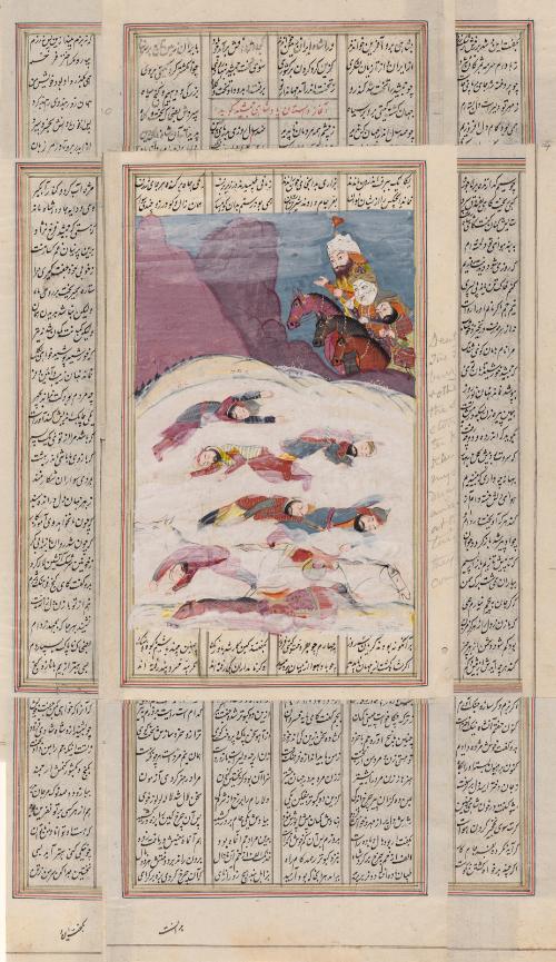 Knights of Kay Khusraw caught in a snowstorm from the Shahnama