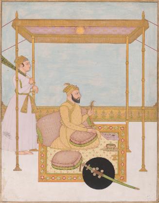 A ruler seated beneath a canopy