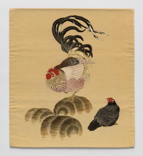 Gift cover (fukusa) with rooster, hen, and rice bales