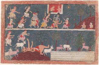 Krishna killing a demon, possibly Pralamba, from a manuscript of the Bhagavata Purana (Ancient Tales of the Lord Vishnu)