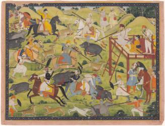 A Sikh ruler shoots wild boar from a platform