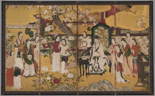 Elegant Chinese figures in a garden