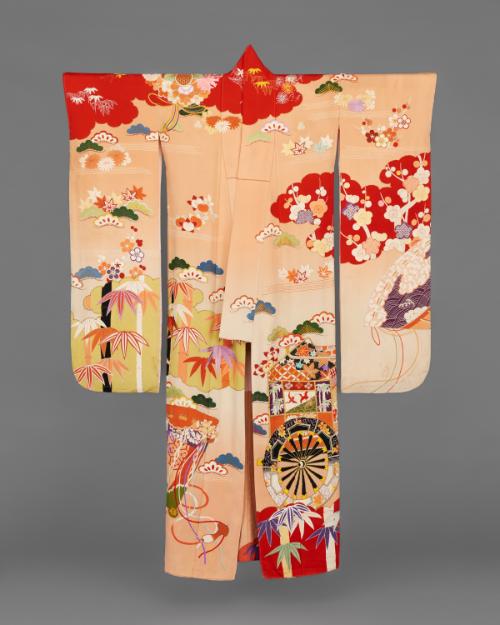 Long sleeved kimono (furisode) with imperial cart, aristocratic fans, ball-shaped floral sachet, and auspicious plants