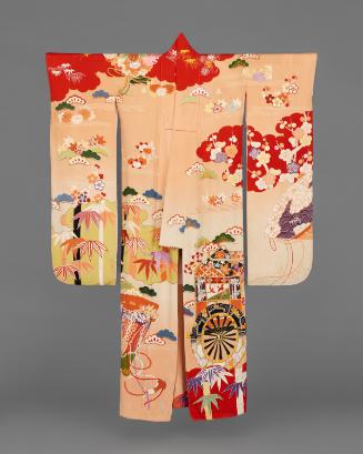 Long sleeved kimono (furisode) with imperial cart, aristocratic fans, ball-shaped floral sachet, and auspicious plants