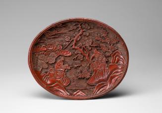 Oval tray decorated with a scene of two fighting warriors