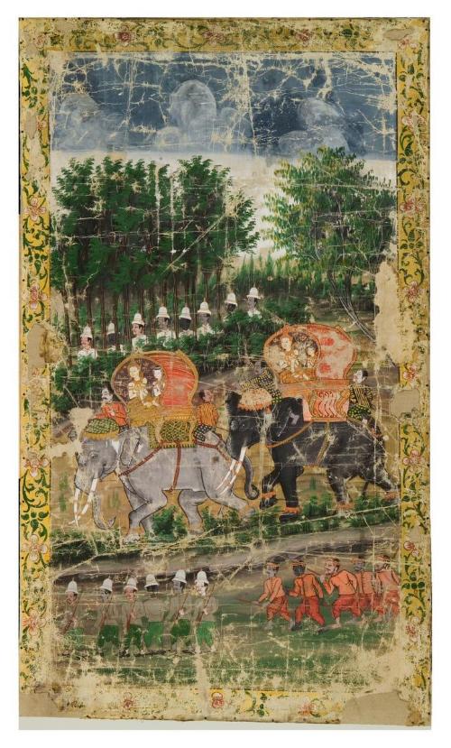 Vessantara's wife, mother, and children return to the capital (?), a scene from the next-to-last life of the Buddha (Vessantara Jataka)