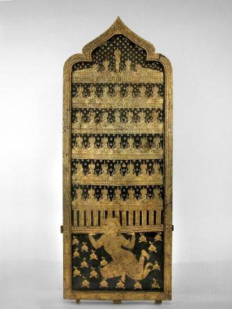 Panel with forty Buddhas supported by a demon