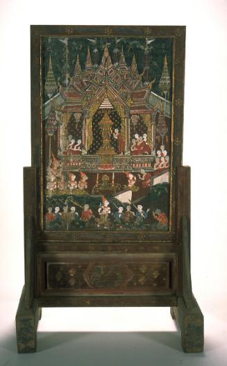 Double-sided screen with scenes from the life of the Buddha: Kashyapa paying homage to the Buddha's remains, and (perhaps) the infant Buddha-to-be standing on the head of the sage Asita