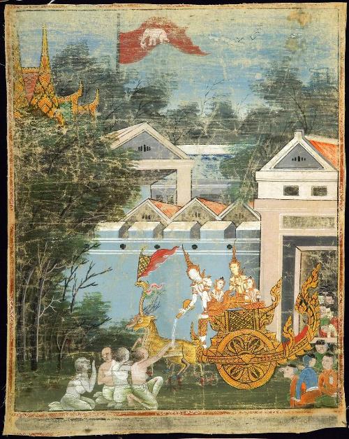 Vessantara gives away the chariot, a scene from the next-to-last life of the Buddha (Vessantara Jataka)