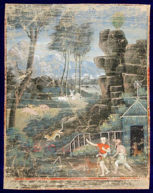 Jujaka encounters the hunter, a scene from the next-to-last life of the Buddha (Vessantara Jataka)